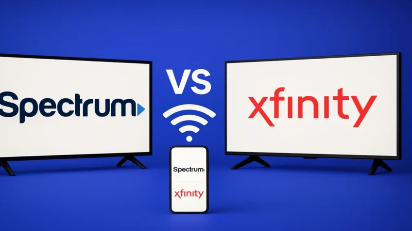 Two TVs side by side showing the Spectrum and Xfinity logos with a smartphone below and a bold “VS” in the center, symbolizing an internet service comparison.
